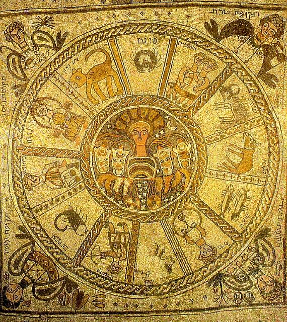 Mosaico della sinagoga di Bet Alpha: il carro del sole ed i segni zodiacali che rappresentano il tempo