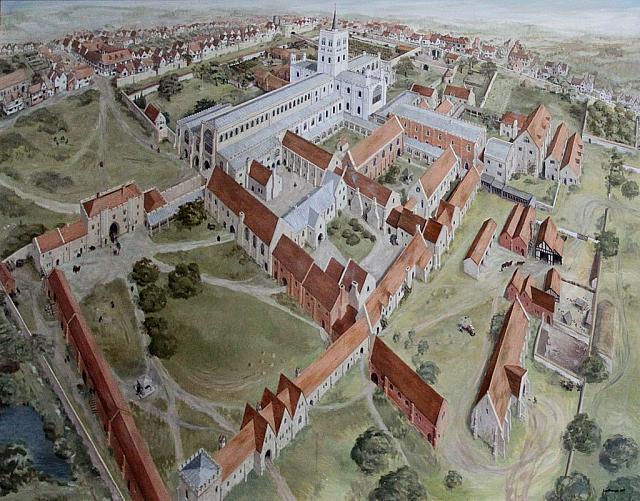 St Alban's Abbey in the state before dissolution (Painting Joan Freeman)