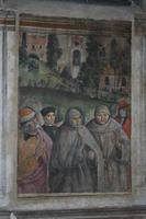 Pinturicchio, Figure di contemporanei e sullo sfondo Bernardino in preghiera davanti ad una porta di Siena